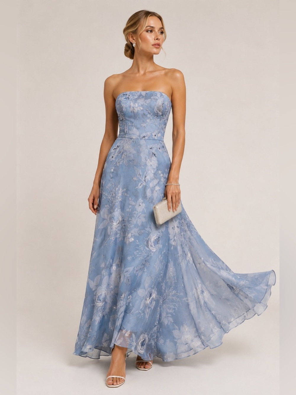 Kay Unger Beaded Floral Chiffon Strapless ALine Maxi Evening Dress Gown Blue 10